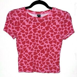 Y2K style pink and red heart print crop top / baby tee